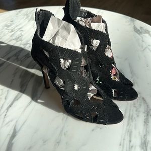 Zara Womens Caged Heels Stiletto Faux Suede Black Peep Toe 39 EU/8 US